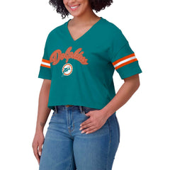 WEAR by Erin Andrews Women's Plus Size Color Block Boxy V-Neck T-Shirt - Miami Dolphins T-shirts