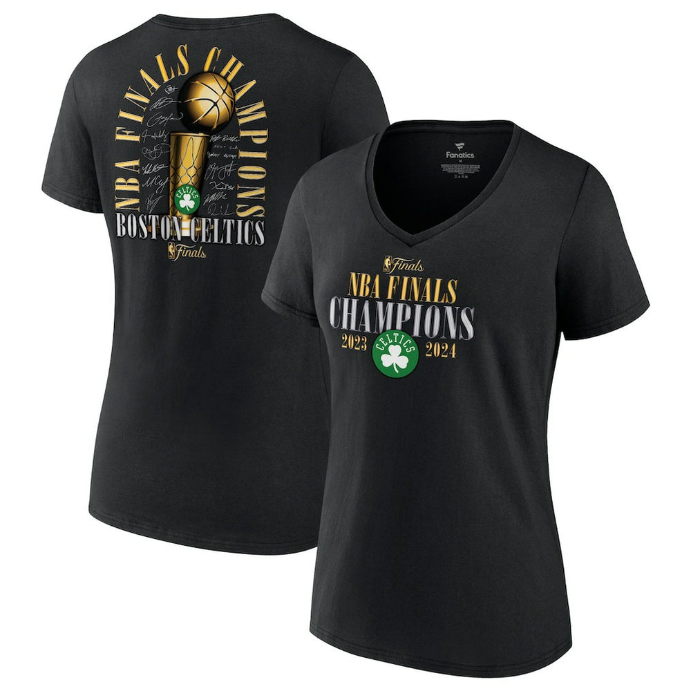 Fanatics Boston Celtics Women's 2024 NBA Finals Champions Fade Away Jumper Roster Signature V-Neck T-Shirt