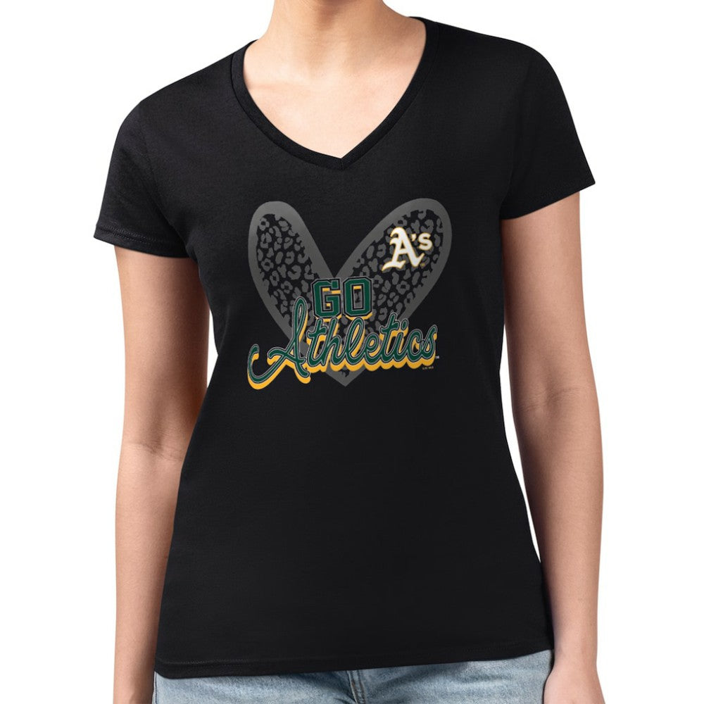 Black Athletics G-III 4Her by Carl Banks Women's Super-Slim Fit Lightweight Leopard Heart V-Neck T-Shirt