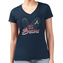 Navy Atlanta Braves G-III 4Her by Carl Banks Women's Super-Slim Fit Lightweight Leopard Heart V-Neck T-Shirt