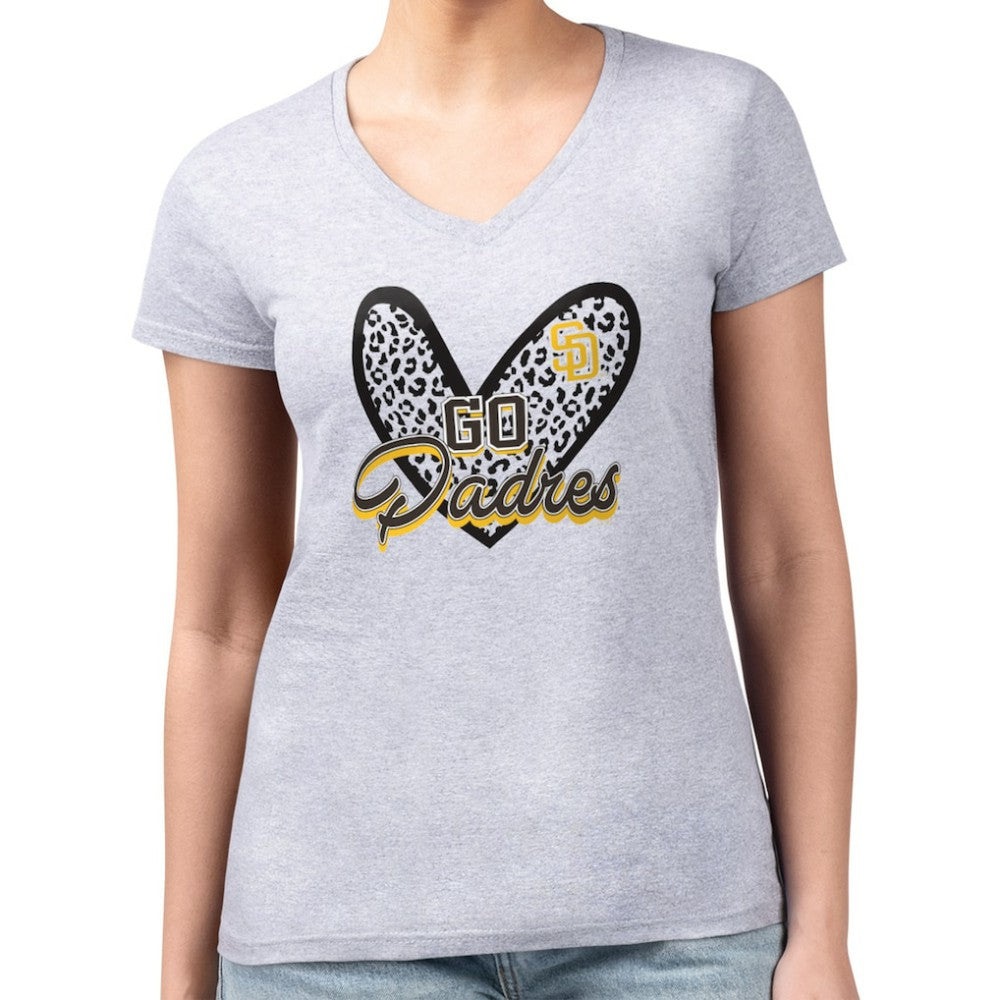 Heather Gray San Diego Padres G-III 4Her by Carl Banks Women's Super-Slim Fit Lightweight Leopard Heart V-Neck T-Shirt