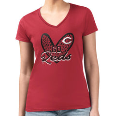 Red Cincinnati Reds G-III 4Her by Carl Banks Women's Super-Slim Fit Lightweight Leopard Heart V-Neck T-Shirt
