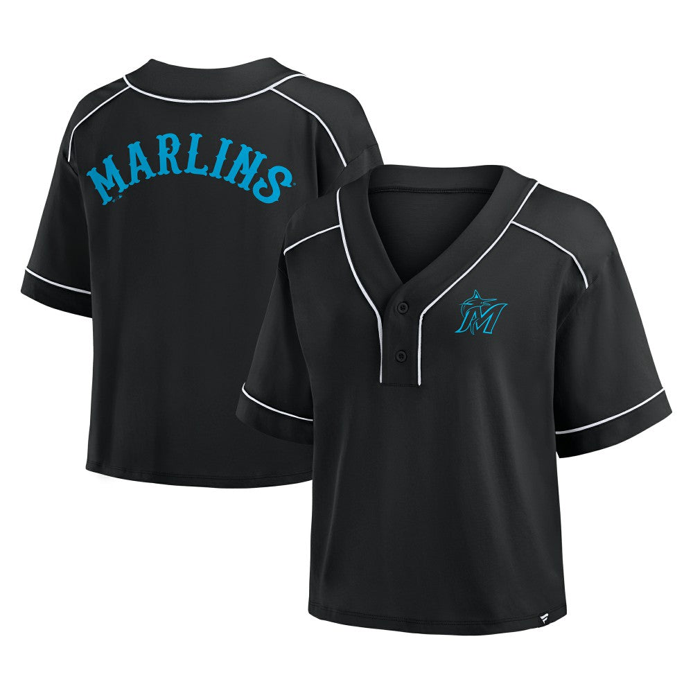 Black Miami Marlins Fanatics Women's Oversized Champ Game Cropped V-Neck T-Shirt