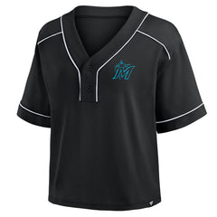 Black Miami Marlins Fanatics Women's Oversized Champ Game Cropped V-Neck T-Shirt