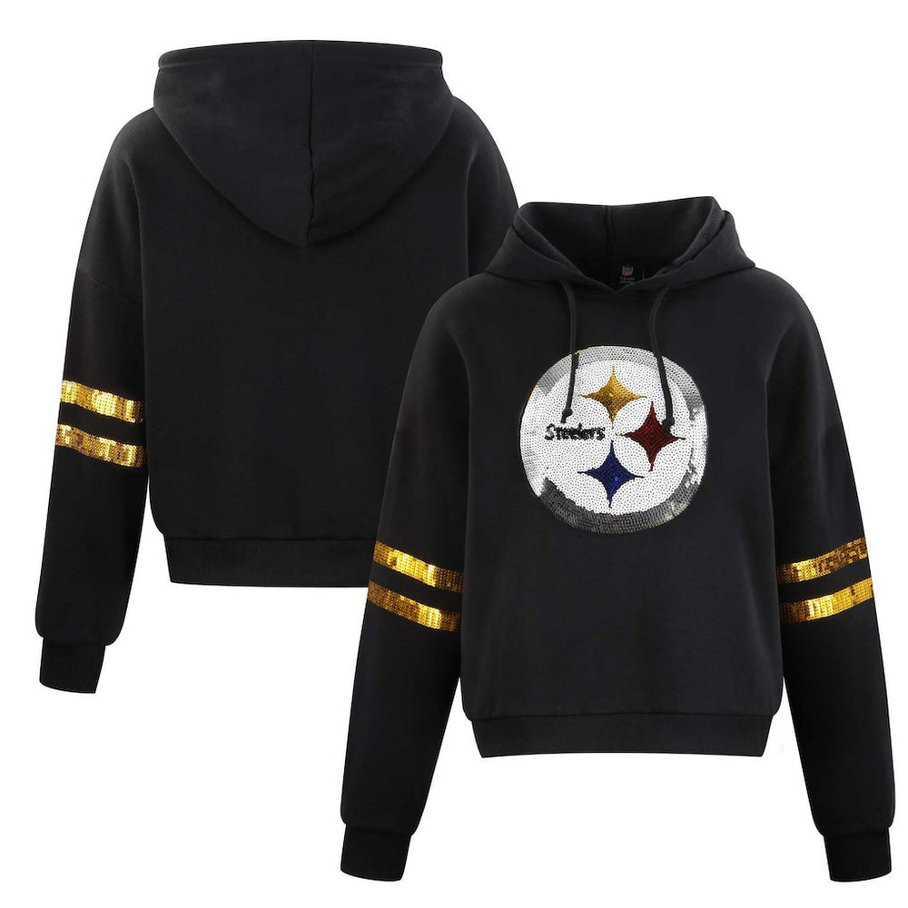 Cuce Women's Cropped Sequins Pullover Hoodie - Pittsburgh Steelers Hoodies