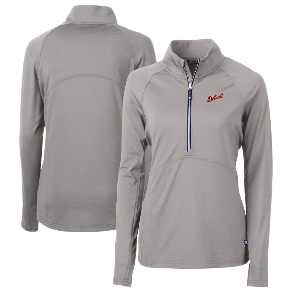 Gray Detroit Tigers Cutter & Buck Women's DryTec Adapt Eco Knit Stretch Recycled Raglan Half-Zip Top