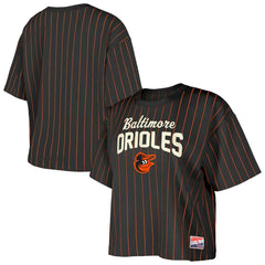 Black Baltimore Orioles New Era Women's Cooperstown Collection Multiplier Pinstripe Cropped T-Shirt