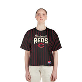 Black Cincinnati Reds New Era Women's Cooperstown Collection Multiplier Pinstripe Cropped T-Shirt