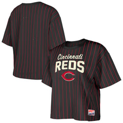 Black Cincinnati Reds New Era Women's Cooperstown Collection Multiplier Pinstripe Cropped T-Shirt
