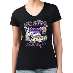 Sacramento Kings G-III 4Her by Carl Banks Women's Super-Slim Fit Lightweight Flowers Team Logo Graphic V-Neck T-Shirt