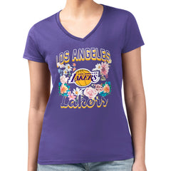 Los Angeles Lakers G-III 4Her by Carl Banks Women's Super-Slim Fit Lightweight Flowers Team Logo Graphic V-Neck T-Shirt