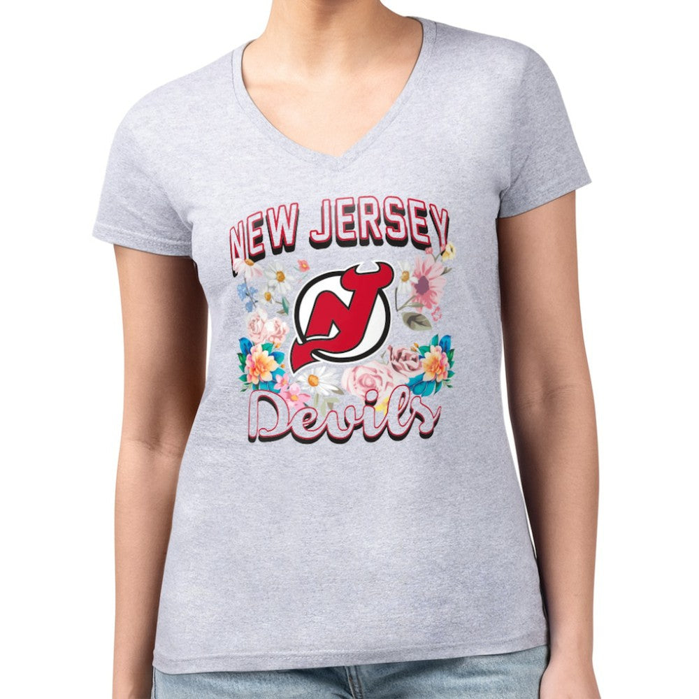 NHL New Jersey Devils G-III 4Her by Carl Banks Women's Super-Slim Fit Lightweight Flower Logo V-Neck T-Shirt