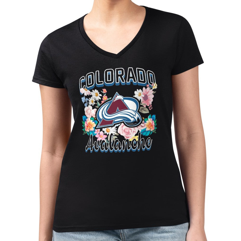 NHL Colorado Avalanche G-III 4Her by Carl Banks Women's Super-Slim Fit Lightweight Flower Logo V-Neck T-Shirt