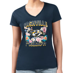 NHL Nashville Predators G-III 4Her by Carl Banks Women's Super-Slim Fit Lightweight Flower Logo V-Neck T-Shirt