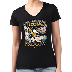 NHL Pittsburgh Penguins G-III 4Her by Carl Banks Women's Super-Slim Fit Lightweight Flower Logo V-Neck T-Shirt