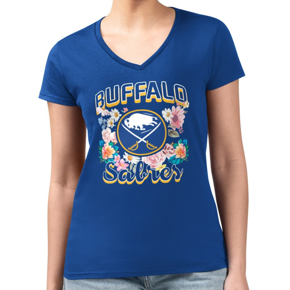 NHL Buffalo Sabres G-III 4Her by Carl Banks Women's Super-Slim Fit Lightweight Flower Logo V-Neck T-Shirt