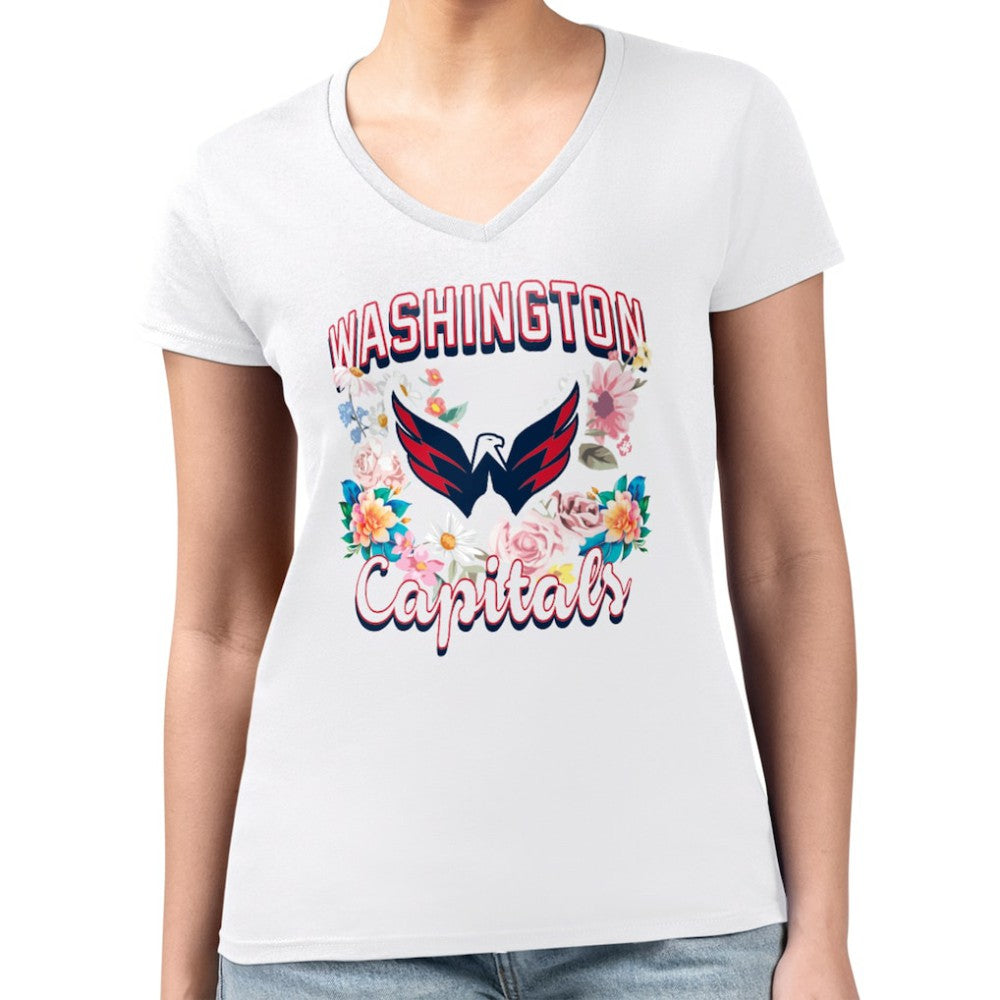 NHL Washington Capitals G-III 4Her by Carl Banks Women's Super-Slim Fit Lightweight Flower Logo V-Neck T-Shirt
