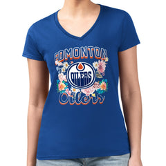 NHL Edmonton Oilers G-III 4Her by Carl Banks Women's Super-Slim Fit Lightweight Flower Logo V-Neck T-Shirt