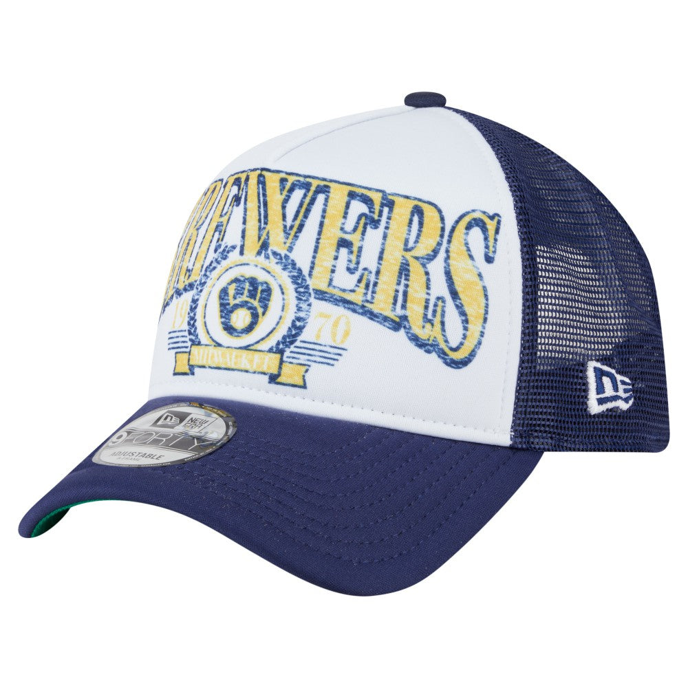 White Milwaukee Brewers New Era Distressed 9FORTY A-Frame Adjustable Trucker Hat