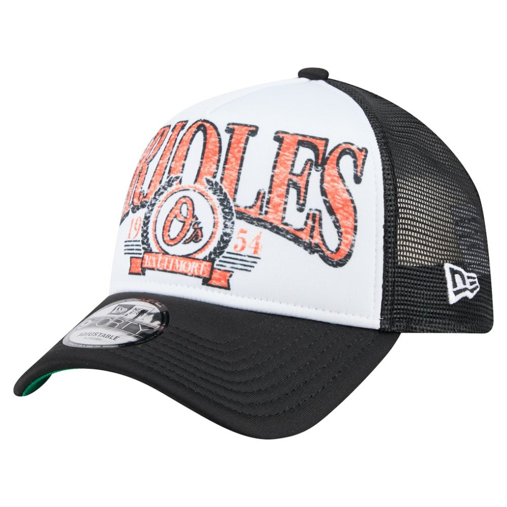 Black Baltimore Orioles New Era Distressed 9FORTY A-Frame Adjustable Trucker Hat