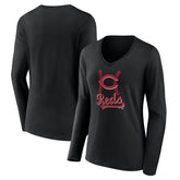 Black Cincinnati Reds Women's Fastball Long Sleeve V-Neck T-Shirt
