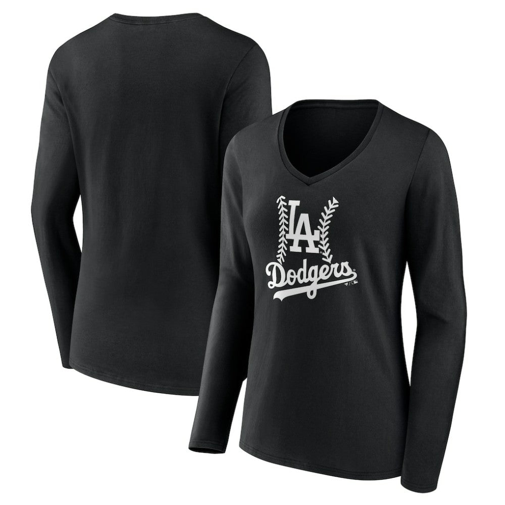 Black Los Angeles Dodgers Women's Fastball Long Sleeve V-Neck T-Shirt