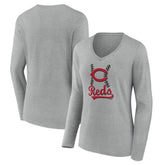 Gray Cincinnati Reds Women's Fastball Long Sleeve V-Neck T-Shirt