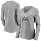 Gray Cincinnati Reds Women's Evanston Stencil Long Sleeve V-Neck T-Shirt