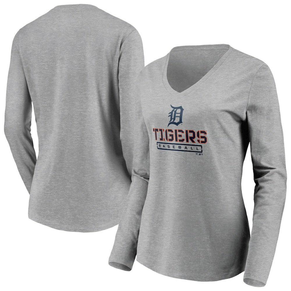 Gray Detroit Tigers Women's Evanston Stencil Long Sleeve V-Neck T-Shirt