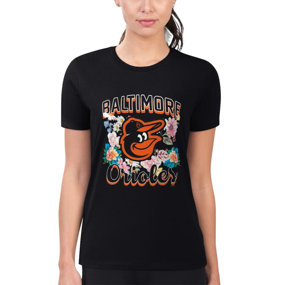 Black Baltimore Orioles G-III 4Her by Carl Banks Women's Super-Slim Fit Lightweight Flowers Graphic T-Shirt