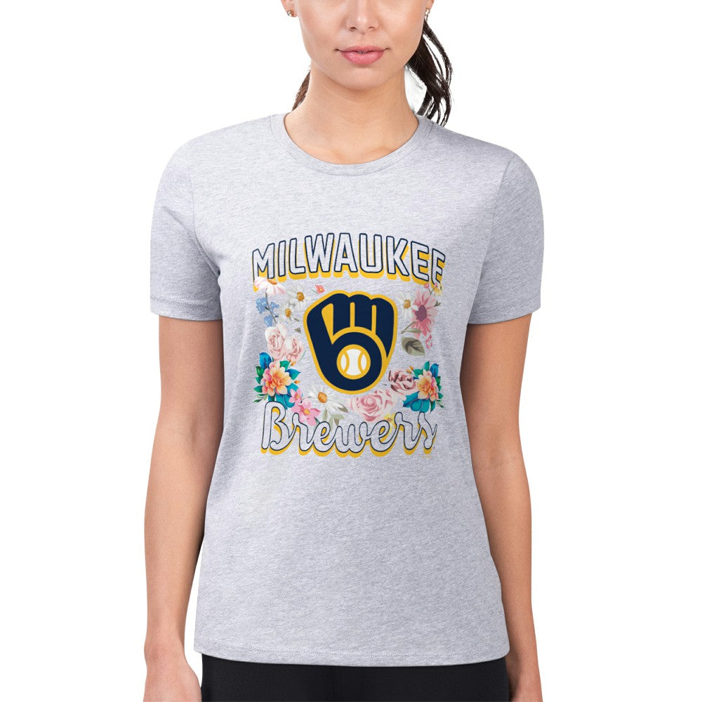Heather Gray Milwaukee Brewers G-III 4Her by Carl Banks Women's Super-Slim Fit Lightweight Flowers Graphic T-Shirt