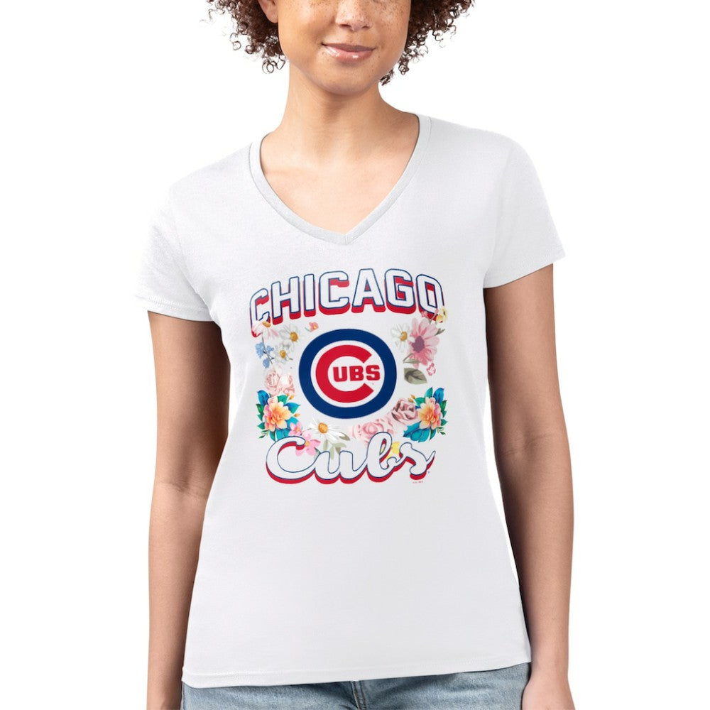 White Chicago Cubs G-III 4Her by Carl Banks Women's Super-Slim Fit Lightweight Flowers Graphic V-Neck T-Shirt
