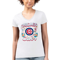 White Chicago Cubs G-III 4Her by Carl Banks Women's Super-Slim Fit Lightweight Flowers Graphic V-Neck T-Shirt