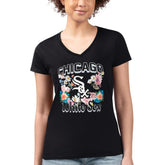 Black Chicago White Sox G-III 4Her by Carl Banks Women's Super-Slim Fit Lightweight Flowers Graphic V-Neck T-Shirt
