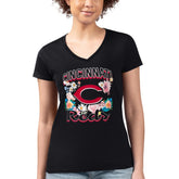 Black Cincinnati Reds G-III 4Her by Carl Banks Women's Super-Slim Fit Lightweight Flowers Graphic V-Neck T-Shirt