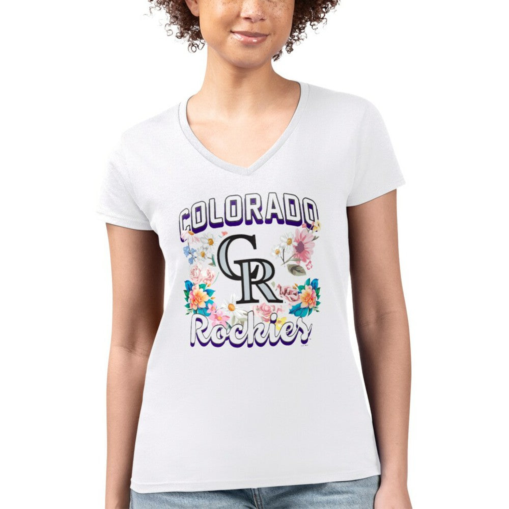 White Colorado Rockies G-III 4Her by Carl Banks Women's Super-Slim Fit Lightweight Flowers Graphic V-Neck T-Shirt