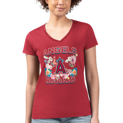 Red Los Angeles Angels G-III 4Her by Carl Banks Women's Super-Slim Fit Lightweight Flowers Graphic V-Neck T-Shirt
