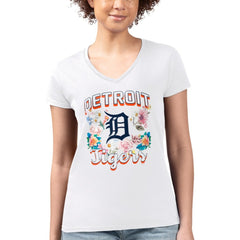 White Detroit Tigers G-III 4Her by Carl Banks Women's Super-Slim Fit Lightweight Flowers Graphic V-Neck T-Shirt