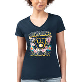 Navy Milwaukee Brewers G-III 4Her by Carl Banks Women's Super-Slim Fit Lightweight Flowers Graphic V-Neck T-Shirt