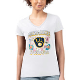 White Milwaukee Brewers G-III 4Her by Carl Banks Women's Super-Slim Fit Lightweight Flowers Graphic V-Neck T-Shirt