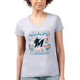Heather Gray Miami Marlins G-III 4Her by Carl Banks Women's Super-Slim Fit Lightweight Flowers Graphic V-Neck T-Shirt