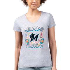 Heather Gray Miami Marlins G-III 4Her by Carl Banks Women's Super-Slim Fit Lightweight Flowers Graphic V-Neck T-Shirt