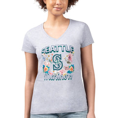 Heather Gray Seattle Mariners G-III 4Her by Carl Banks Women's Super-Slim Fit Lightweight Flowers Graphic V-Neck T-Shirt
