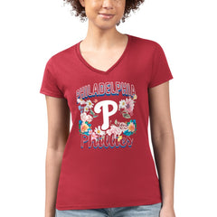 Red Philadelphia Phillies G-III 4Her by Carl Banks Women's Super-Slim Fit Lightweight Flowers Graphic V-Neck T-Shirt