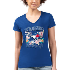 Royal Toronto Blue Jays G-III 4Her by Carl Banks Women's Super-Slim Fit Lightweight Flowers Graphic V-Neck T-Shirt