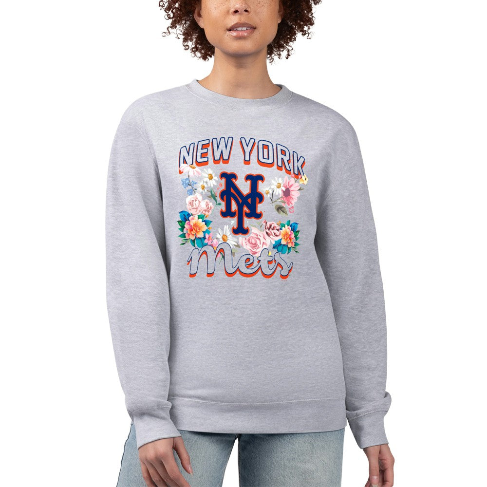 Heather Gray New York Mets G-III 4Her by Carl Banks Women's Flowers Graphic Pullover Sweatshirt