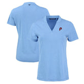 Heather Light Blue Philadelphia Phillies Cutter & Buck Women's Forge Stretch Blade DryTec V-Neck Polo