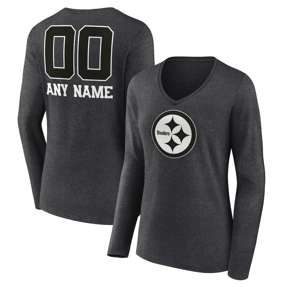 Women's Personalized Name & Number Monochrome V-neck T-Shirt - Pittsburgh Steelers T-shirts