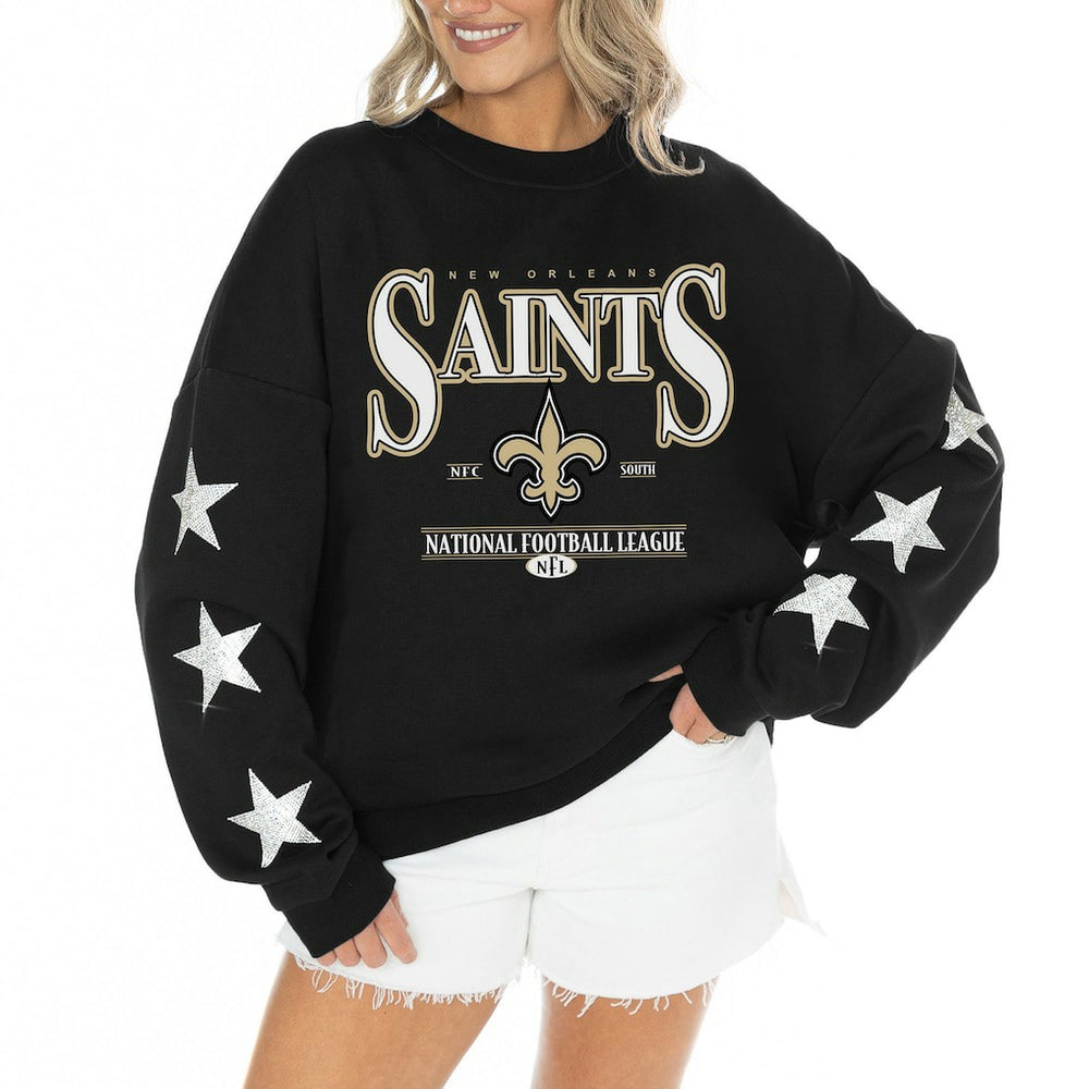 Gameday Couture Women's Rhinestone Star Sleeve Settle the Score Oversized Tri-Blend Pullover - New Orleans Saints Pullover