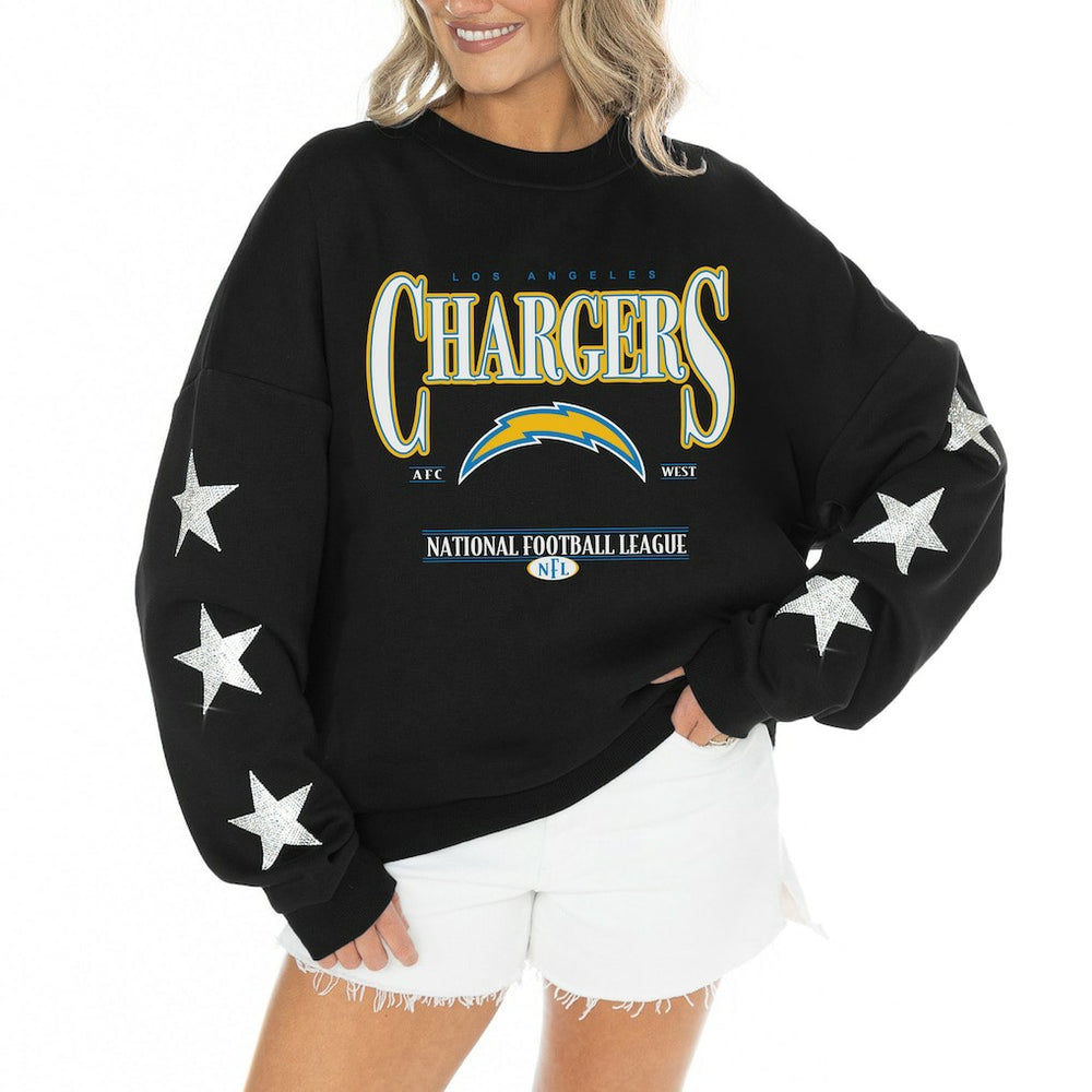 Gameday Couture Women's Rhinestone Star Sleeve Settle the Score Oversized Tri-Blend Pullover - Los Angeles Chargers Pullover